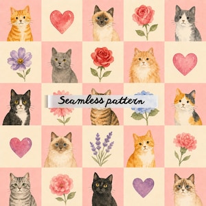 May include: A seamless pattern featuring watercolor illustrations of various cats, hearts, and flowers. The design includes orange, gray, black, and tabby cats, along with red roses, purple flowers, and lavender sprigs on a pink and beige checkered background.