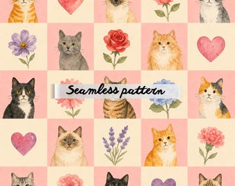 Watercolor Cat Quilt Squares Seamless Pattern, Cute Kitty & Floral Checkerboard Design, Cottagecore Pet Lover Fabric Print JPG