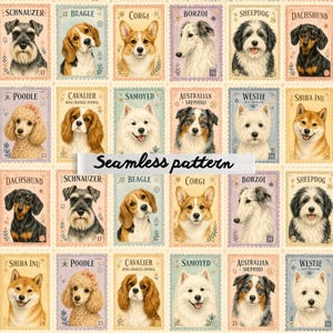 Pode incluir: Um padrão contínuo apresentando uma grade de ilustrações retangulares de selos postais, cada uma representando uma raça de cão diferente, como Schnauzer, Beagle, Corgi, Borzoi, Sheepdog, Dachshund, Poodle, Cavalier, Samoyed, Australian Shepherd, Westie e Shiba Inu.