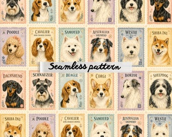 Nahtloses Muster mit Vintage-Hunderassen-Briefmarken (JPG) – Antike Welpenporträts, Sammler-Hundebriefmarken, Cottagecore-Haustiermotiv
