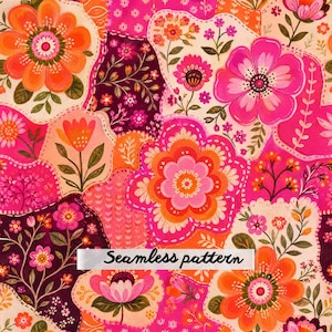May include: A seamless pattern featuring a vibrant floral design with large orange, pink, and magenta flowers set against dark purple and cream backgrounds. The illustration includes various botanical elements and the text Seamless pattern.