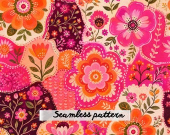Boho Floral Patchwork Seamless Pattern JPG, Pink Orange Folk Flower Quilt Fabric, Cottagecore Textile Repeat