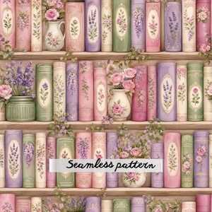 Puede incluir: Un patrón continuo que muestra filas de libros en estantes de madera, intercalados con jarrones de rosas rosadas y lavanda. Los lomos de los libros exhiben ilustraciones florales en tonos rosa, verde y morado, con el texto Seamless pattern.