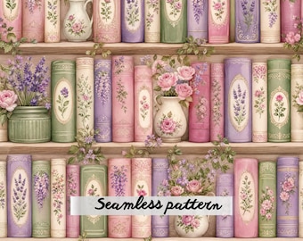 Vintage Floral Bookshelf Seamless Pattern JPG, Cottagecore Library Fabric, Romantic Flower Wallpaper, Digital Paper