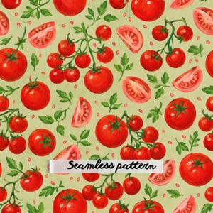 Peut inclure: Un motif répétitif composé de tomates rouges vives sur des tiges vertes, de quartiers de tomates et de petites feuilles vertes dispersées sur un fond vert olive clair. Une bannière blanche avec le texte Seamless pattern est centrée.