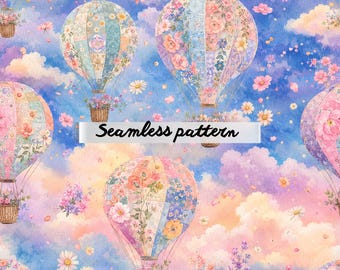 Pastellblommig luftballong sömlöst mönster PNG, drömlikt Cottagecore-himmel digitalt papper, akvarell lapptäcke ballongtygtryck