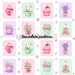May include: A seamless pattern featuring various watercolor illustrations on a white background. The design includes a heart-shaped lock, watering can with daisies, cupcake, lavender in a jar, flowers in a teacup, tulips, and a rose in a glass dome. The text "Seamless pattern" is also included.