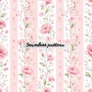 Può includere: Un motivo senza cuciture con elementi floreali rosa e strisce verticali. Il design include grandi fiori rosa, piccoli fiori bianchi e foglie verdi, il tutto su uno sfondo a righe rosa chiaro e bianco. Il testo "Seamless pattern" è incluso.