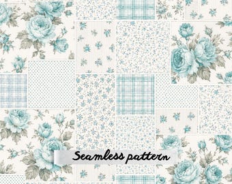 Shabby Chic Blue Floral Patchwork Seamless Pattern JPG, Vintage Rose Quilt Fabric Design Download