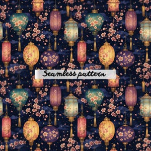 May include: Seamless pattern featuring colorful lanterns and cherry blossoms on a dark blue background. The lanterns are in various shapes and colors, including yellow, purple, and teal, with floral designs. The text "Seamless pattern" is displayed.