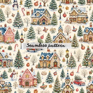 Op de afbeelding: Een naadloos patroon met een winters dorpsgezicht met besneeuwde huizen, versierde kerstbomen, sneeuwpoppen, tolletjes, zuurstokken en een rode auto. Het ontwerp bevat feestelijke ornamenten en peperkoekjes op een crèmekleurige achtergrond.