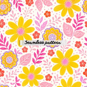 May include: A seamless pattern featuring yellow daisies with pink centers, purple-edged scalloped flowers, small red blossoms, and pink leaves on a white background with small pink dots. The text Seamless pattern is centered on the image.