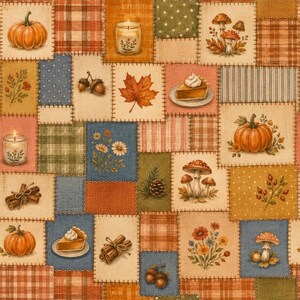 May include: A fabric print featuring a patchwork design of autumn-themed squares. The pattern includes illustrations of orange pumpkins, slices of pumpkin pie, lit candles, mushrooms, acorns, cinnamon sticks, maple leaves, and wildflowers.