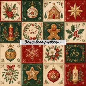 Könnte beinhalten: Ein nahtloses Muster aus quadratischen Kacheln mit Weihnachtsmotiven wie Weihnachtssterne, Christbaumkugeln, Lebkuchenhaus, Stern, Kerzen, Lebkuchenmann, Stechpalmen, Misteln, Schneeflocken sowie den Schriftzügen Noel und Joy.