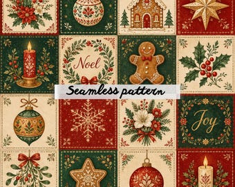 Nahtloses Vintage-Weihnachts-Patchworkmuster (JPG) – Traditioneller Weihnachtsschmuck, Lebkuchen, Weihnachtsstern und gemütliche nordische Weihnachtsstimmung