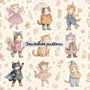 May include: A seamless pattern featuring watercolor illustrations of various cats in different outfits, including a fairy, a superhero, and a cat in pajamas, interspersed with small flowers and stars on a light cream background.