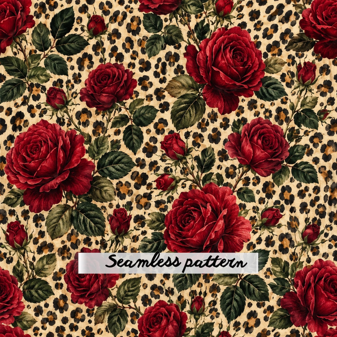 Red Pattern Printable Paper Red Rose Leopard Seamless Pattern JPG, Vintage Floral Animal Print ...
