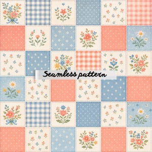 May include: A seamless pattern featuring a grid of square tiles with alternating designs of floral bouquets, blue and white gingham, coral and white gingham, and small white polka dots on blue or coral backgrounds, with the text Seamless pattern.