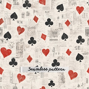 Vintage Playing Cards Seamless Pattern PNG | Grunge Poker Suits Fabric | Casino Hearts Spades Clubs Diamonds | Retro Scrapbook Digital Paper