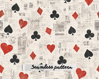 Vintage Playing Cards Seamless Pattern PNG | Grunge Poker Suits Fabric | Casino Hearts Spades Clubs Diamonds | Retro Scrapbook Digital Paper