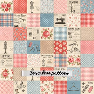 May include: A grid of square fabric swatches featuring sewing-themed illustrations, including dress forms, scissors, measuring tapes, spools of thread, and sewing machines, interspersed with floral, plaid, polka dot, and geometric patterns in red and blue.