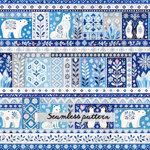 Op de afbeelding: Een naadloos patroon met een herhalend raster van blauwe en witte illustraties. Het ontwerp bevat ijsberen, poolvossen en pinguïns naast sneeuwvlokken, kristallen en bloemmotieven. De tekst "Seamless pattern" is zichtbaar.