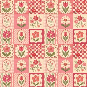 May include: A repeating pattern fabric featuring a grid of squares with various floral illustrations including tulips, daisies, and small blossoms in shades of pink, red, cream, and green, interspersed with checkered and wavy line background textures.