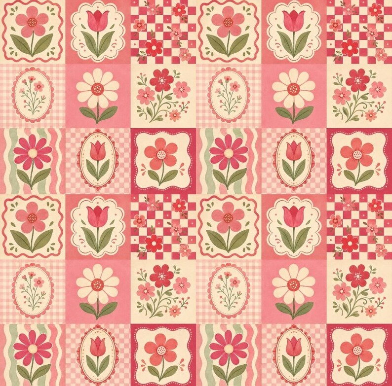 May include: A repeating pattern fabric featuring a grid of squares with various floral illustrations including tulips, daisies, and small blossoms in shades of pink, red, cream, and green, interspersed with checkered and wavy line background textures.