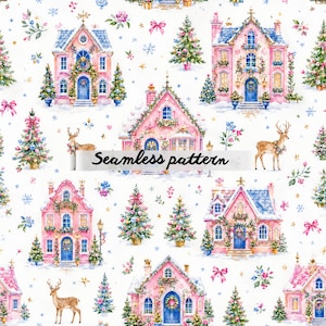 Op de afbeelding: Een naadloos patroon met aquarel illustraties van roze huizen, kerstbomen, herten en bloemaccenten op een witte achtergrond. De tekst "Seamless pattern" is over de afbeelding weergegeven.