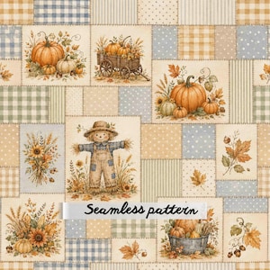 Puede incluir: Un estampado de tela con diseño de patchwork que incluye ilustraciones de calabazas, un carro de madera, un espantapájaros, girasoles y hojas de otoño. El fondo consiste en cuadrados alternos en azul, beige y verde con patrones de cuadros y lunares.
