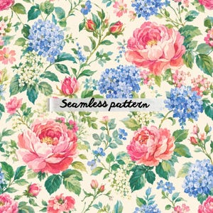 Könnte beinhalten: Ein nahtloses Blumenmuster mit rosa Pfingstrosen, blauen Hortensien und anderen Blumen mit grünen Blättern auf cremefarbenem Hintergrund. Der Text "Seamless pattern" ist zu sehen.