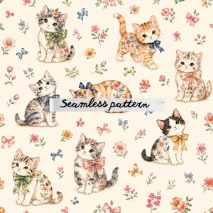 Pode incluir: Um padrão sem costura com ilustrações em aquarela de gatinhos adoráveis adornados com detalhes florais e laços. Os gatinhos estão em várias poses, rodeados por flores, borboletas e laços sobre um fundo creme. O texto "seamless pattern" está incluído.