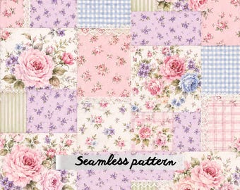 Shabby Chic Patchwork Seamless Pattern JPG, Vintage Rose Quilt Fabric, Cottagecore Floral Digital Paper