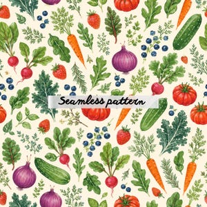Puede incluir: Un patrón continuo que presenta una variedad de productos coloridos, incluyendo fresas rojas, zanahorias naranjas, pepinos verdes, cebollas moradas, rábanos rojos y bayas azul oscuro sobre un fondo de color crema claro.