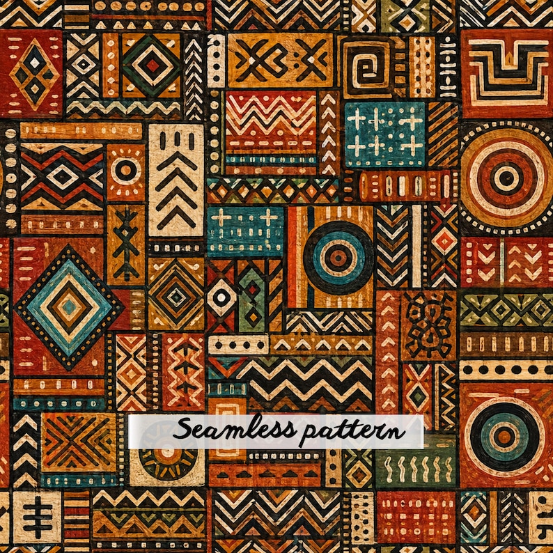 May include: A seamless pattern featuring a grid of rectangular and square blocks filled with diverse geometric shapes, including zigzags, circles, diamonds, and lines in shades of rust, teal, black, and cream, with the text Seamless pattern.