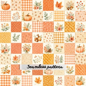 Peach Autumn Patchwork Seamless Pattern | Pumpkin & Gingham Watercolor Quilt Digital Paper | Cozy Fall Fabric | Instant Download
