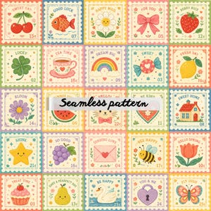 Postage Stamp Patchwork Seamless Pattern JPG – Cute Cottagecore Mail, Rainbow, Fruit & Floral Quilt Design