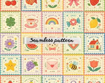 Nahtloses Patchwork-Muster mit Briefmarkenmotiv (JPG) – Niedliches Quilt-Design im Cottagecore-Stil mit Briefmarken, Regenbogen, Früchten und Blumen