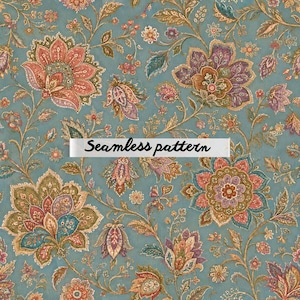 May include: A seamless pattern featuring a teal background with intricate floral motifs in shades of coral, olive green, and muted purple. The design includes detailed botanical vines, leaves, and blossoms. The text Seamless pattern is centered.