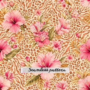May include: A seamless pattern featuring vibrant pink hibiscus flowers and smaller pink blossoms interspersed with green leaves against a background of brown and tan leopard spots and zebra stripes. A white banner displays the text Seamless pattern.