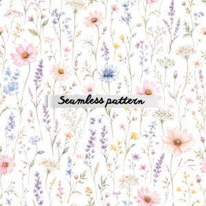 Puede incluir: Un patrón sin costuras con un diseño de acuarela de varias flores silvestres en tonos de rosa, azul, amarillo y morado sobre un fondo blanco. El texto "Seamless pattern" se muestra en la imagen.