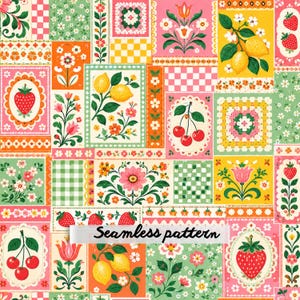 May include: A seamless pattern featuring a grid of rectangular panels with illustrations of strawberries, lemons, cherries, and various flowers. The design includes checkered and floral motifs in shades of pink, green, yellow, and orange.