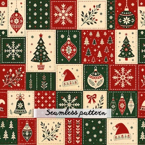 May include: A seamless pattern featuring a grid of rectangular tiles in red, dark green, and cream. The tiles display holiday motifs including Christmas trees, snowflakes, ornaments, Santa hats, bells, bows, and foliage. The text Seamless pattern is visible.