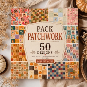 Pode incluir: Uma coleção digital de 50 designs de patchwork com vários padrões, incluindo cães, abóboras, cogumelos e folhas de outono. O rótulo central diz PACK PATCHWORK 50 DESIGNS HIGH QUALITY 3600X3600 PX 300 DPI JPG FILES COMMERCIAL USE.
