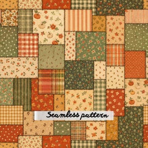 May include: A patchwork fabric design featuring a seamless pattern of rectangular blocks with various prints including pumpkins, floral motifs, stripes, and plaid in shades of orange, green, cream, and brown with a white banner reading Seamless pattern.