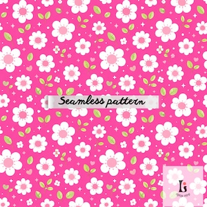 Pode incluir: Padrão sem costura com flores brancas com centros rosa e folhas verdes sobre um fundo rosa brilhante. O design inclui pequenos corações e estrelas. O texto "Seamless pattern" é exibido em uma faixa branca.