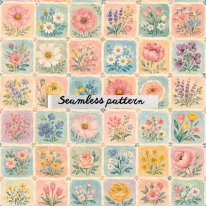Può includere: Un motivo senza cuciture con una griglia di illustrazioni floreali colorate. Ogni quadrato mostra un fiore diverso, tra cui margherite, rose e lavanda, in tonalità di rosa, giallo e blu. Il testo "Seamless pattern" è visualizzato al centro.