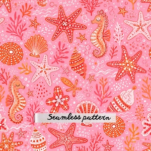 Pode incluir: Um padrão contínuo com ilustrações em laranja e branco de cavalos-marinhos, estrelas-do-mar, conchas e corais sobre um fundo rosa. O texto "Seamless pattern" está impresso a preto no centro da imagem sobre uma faixa branca.