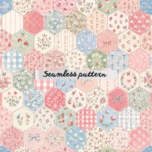 May include: A seamless pattern composed of hexagonal shapes in pastel colors. Each hexagon features a different floral or patterned design, including gingham, stripes, and floral motifs. The text "Seamless pattern" is displayed across the image.