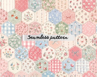 Carta digitale con motivo patchwork senza soluzione di continuità e decorazioni floreali in stile cottagecore per tessuti, scrapbooking e lavori creativi.